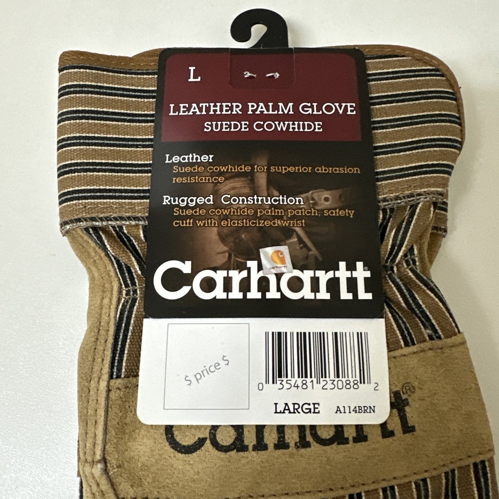 Carhartt Suede Cowhide Leather Palm Work Gloves A114 With Safety Cuff L NEW NOS - Picture 2 of 5